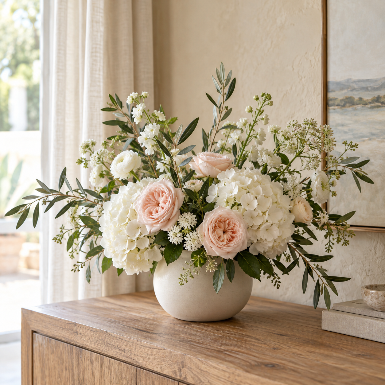 Floral design inspiration with white hydrangeas and blush roses in an ivory vase