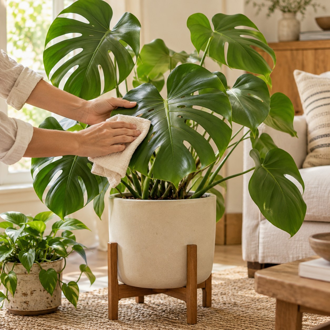 Indoor plant care illustration showing a monstera leaf being gently cleaned