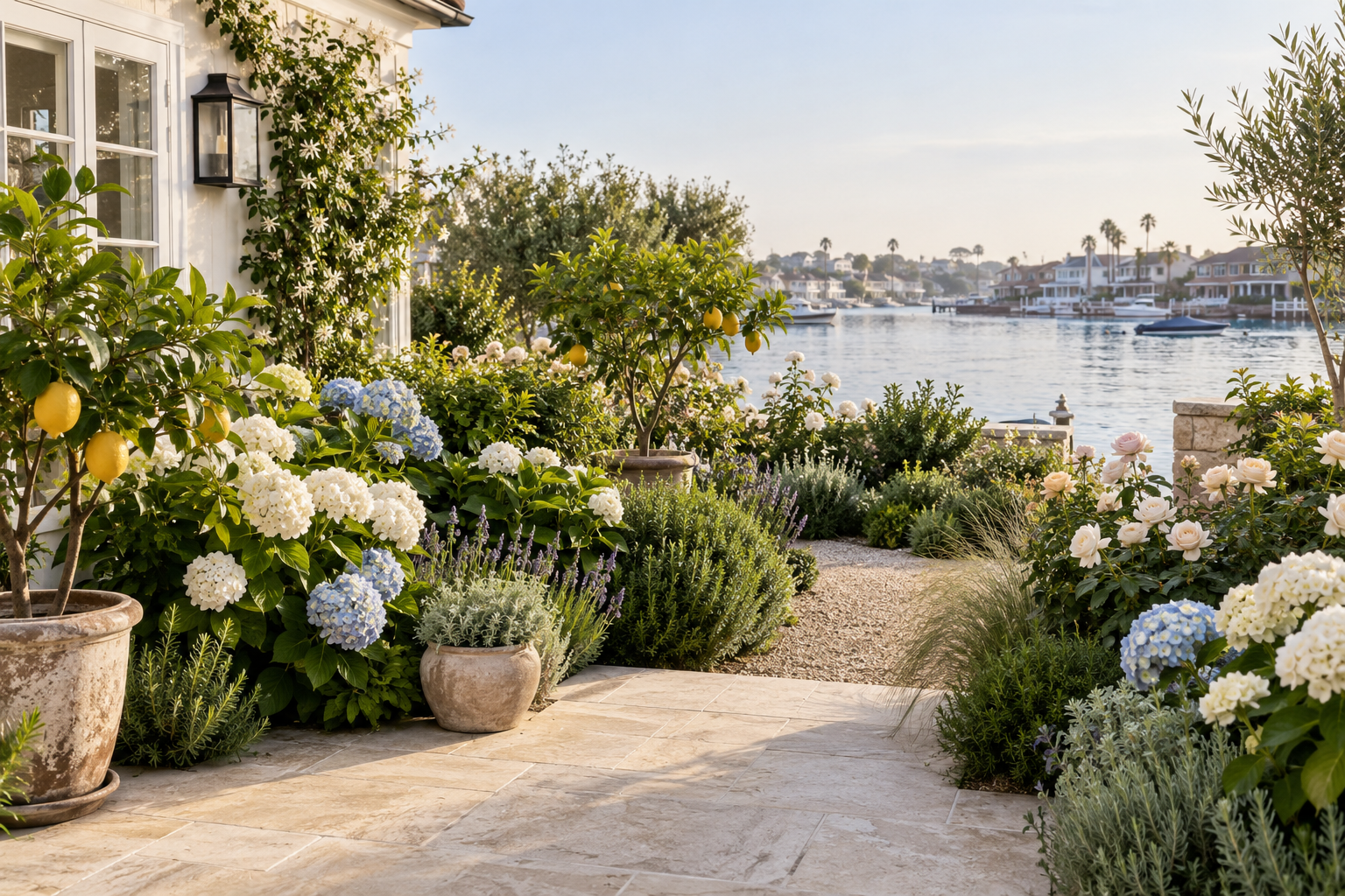 Newport waterfront garden concept with hydrangeas, small lemon trees, roses, and a white coastal home beside the harbor