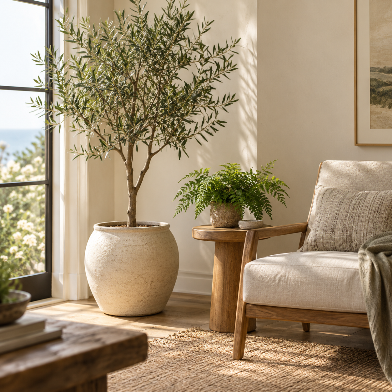 Interior planting concept with an olive tree and fern beside a linen lounge chair